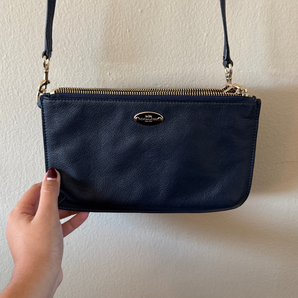 Coach Lyla Double Gusset Dark Navy Crossbody Bag Pebble Leather Gold Hardware